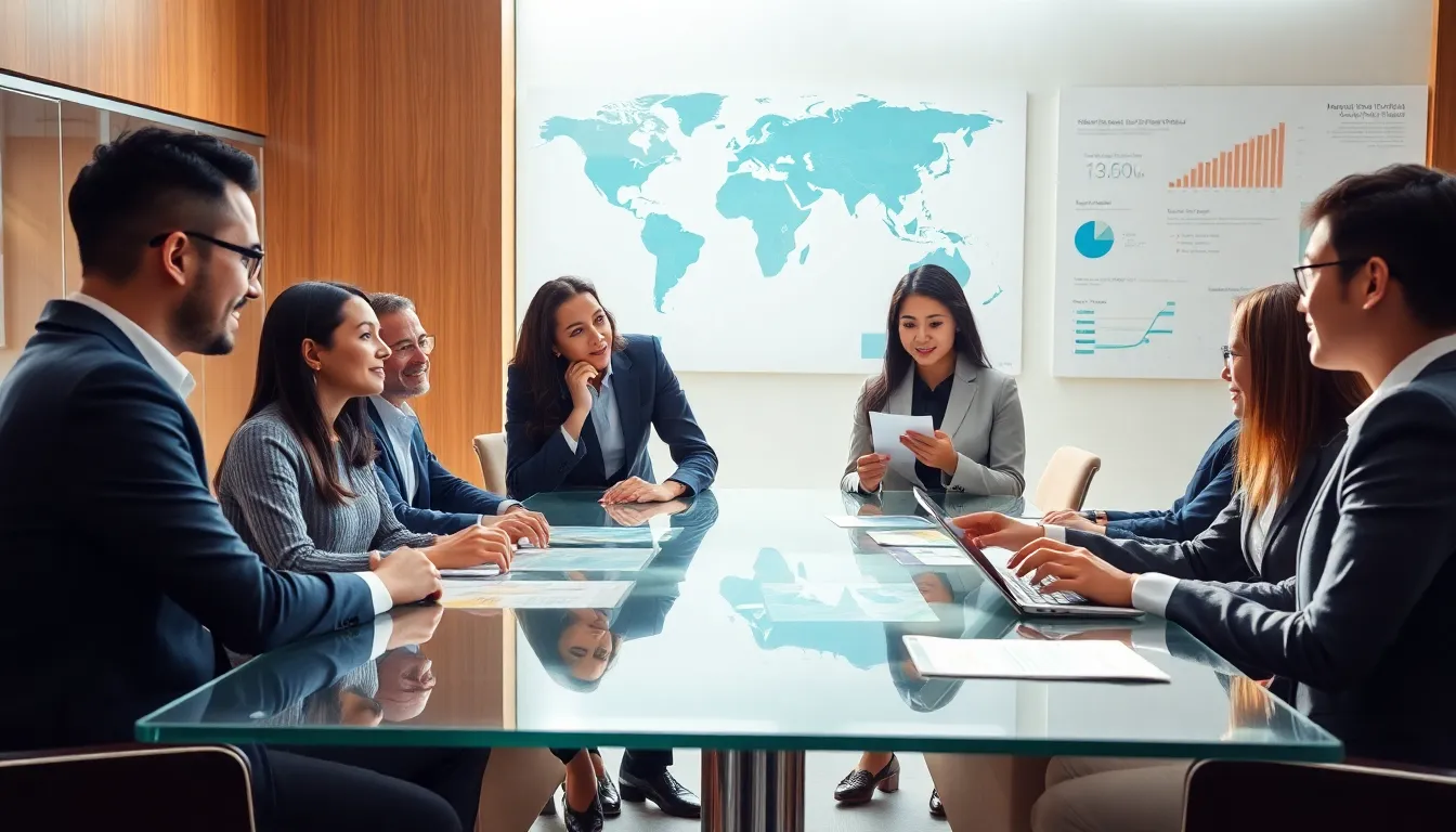 diverse professionals collaborating in a modern office on global affairs.