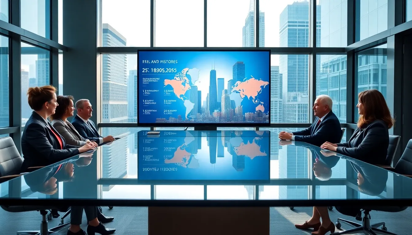 diverse professionals discussing global affairs in a modern conference room.