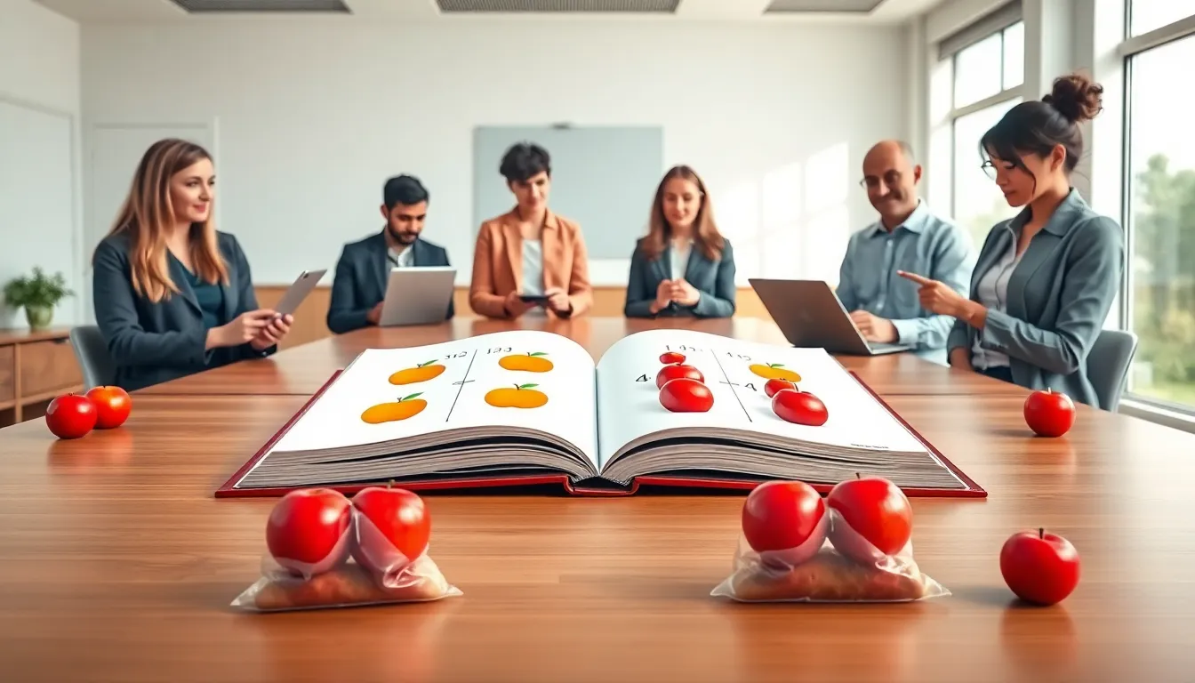 students learning multiplication with an open textbook and apple bags.
