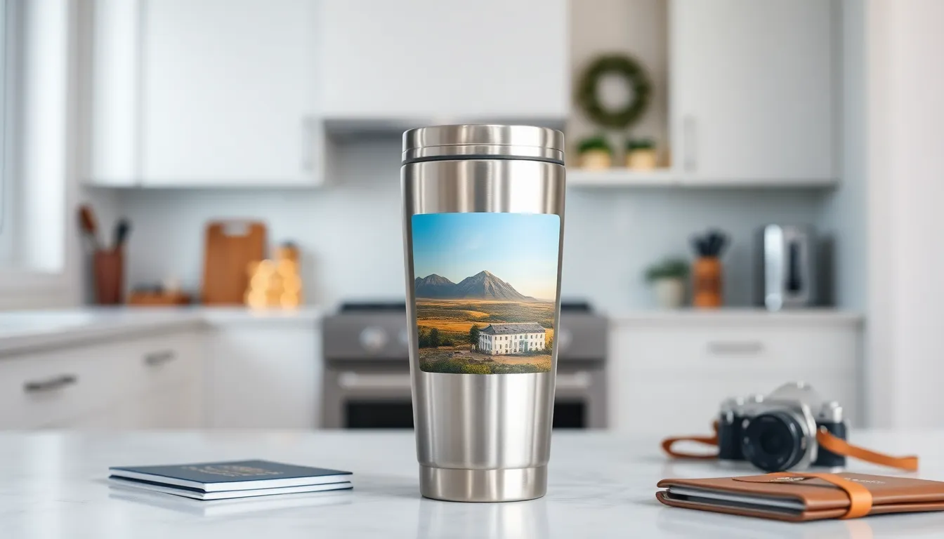 personalized photo travel mug with scenic image in a modern kitchen.