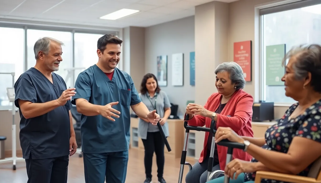 COTA assisting diverse patients in a modern healthcare therapy session.