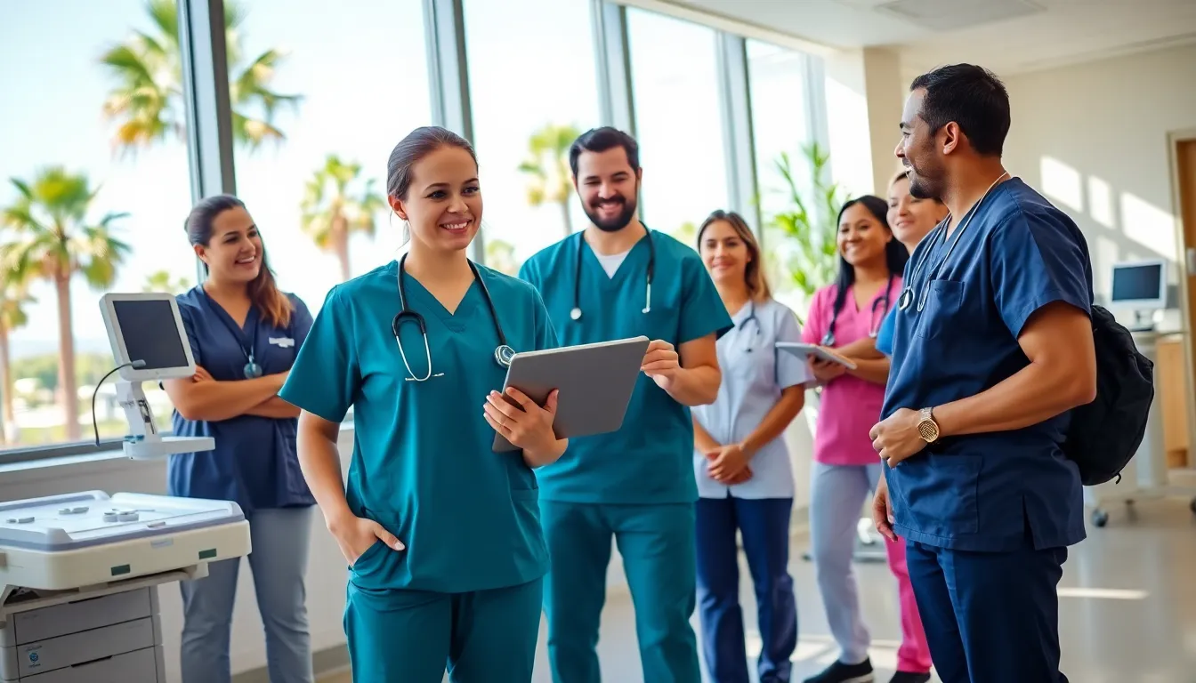 travel nurse collaborating with a diverse team in a California hospital.